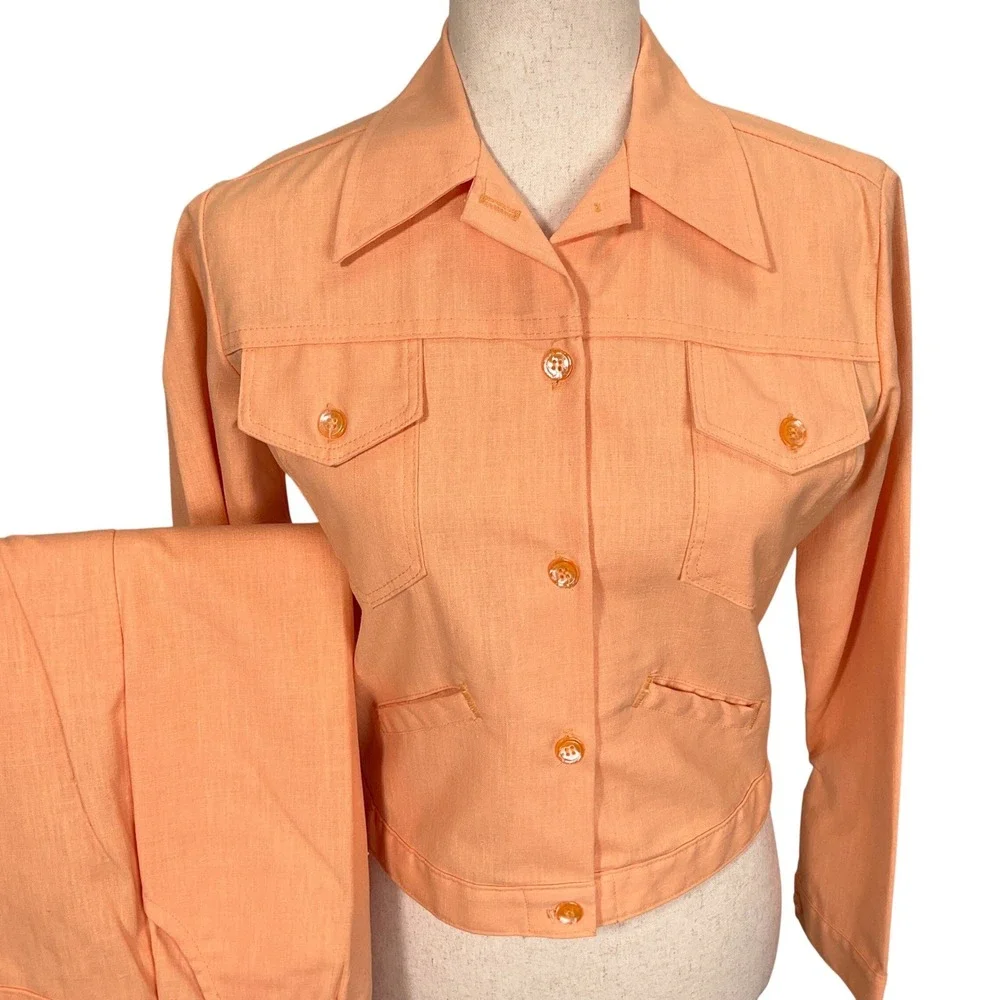 Vintage Pant Suit Women 7/8 Orange Bright Lightweight 70s Disco Summer Wide Leg‎